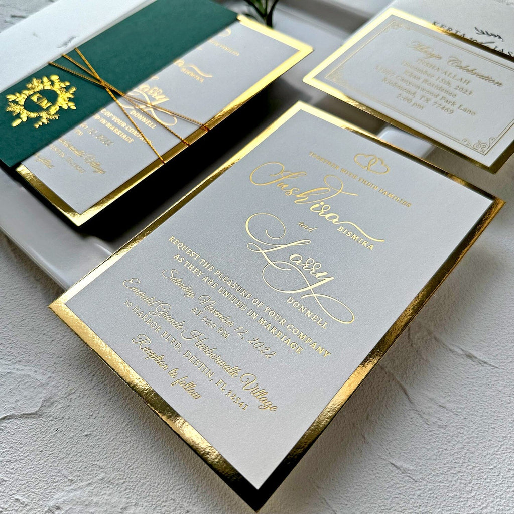 Vintage Jungle Green and Gold Wedding Invitation, Luxury Gold Foil Double-layer Wedding Invitation, Personalized Monogram Foiled Cover, Gold RSVP Wedding Ceremony Supplies Picky Bride