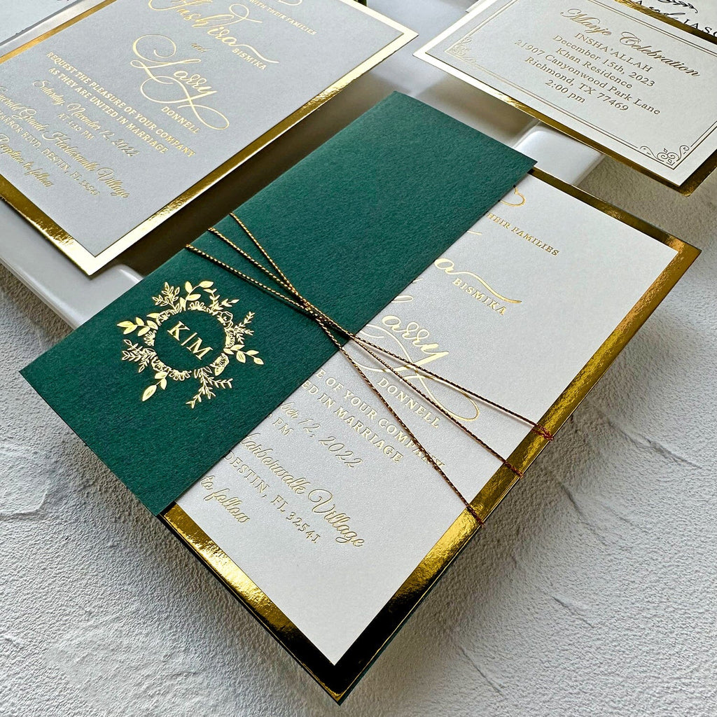 Vintage Jungle Green and Gold Wedding Invitation, Luxury Gold Foil Double-layer Wedding Invitation, Personalized Monogram Foiled Cover, Gold RSVP Wedding Ceremony Supplies Picky Bride