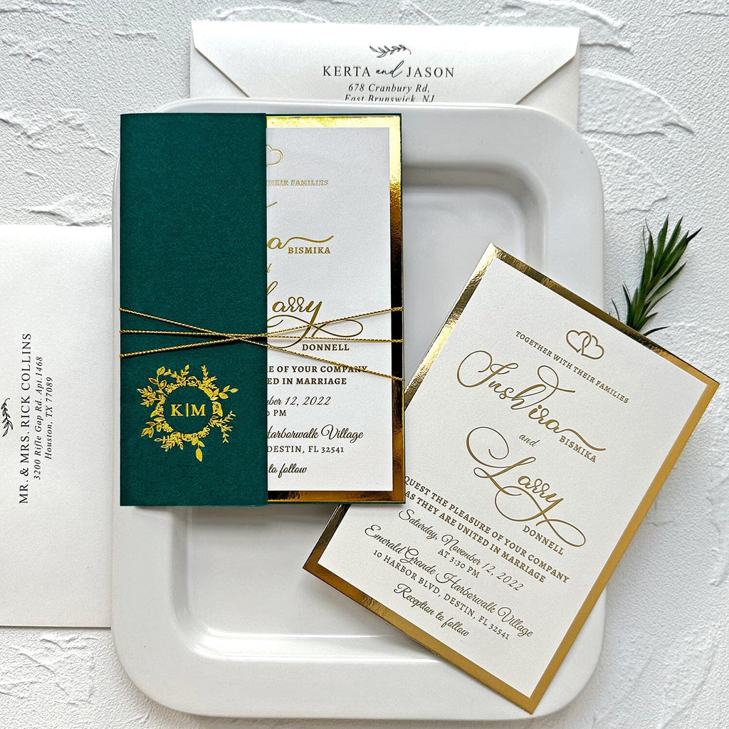 Vintage Jungle Green and Gold Wedding Invitation, Luxury Gold Foil Double-layer Wedding Invitation, Personalized Monogram Foiled Cover, Gold RSVP Wedding Ceremony Supplies Picky Bride