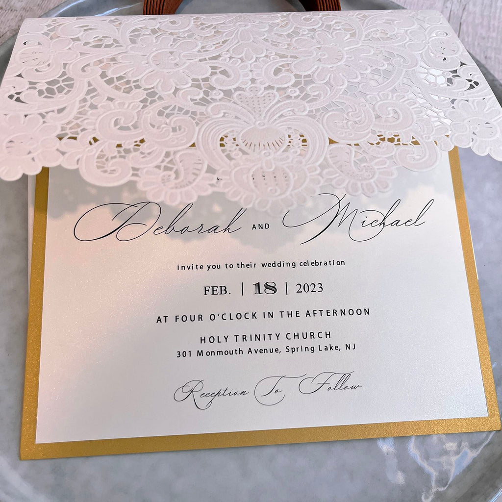 White and Gold Pocket Wedding Invitation Set, Laser Cut Embossed Wedding Invitations, Minimalist Calligraphy Invites Wedding Ceremony Supplies Picky Bride