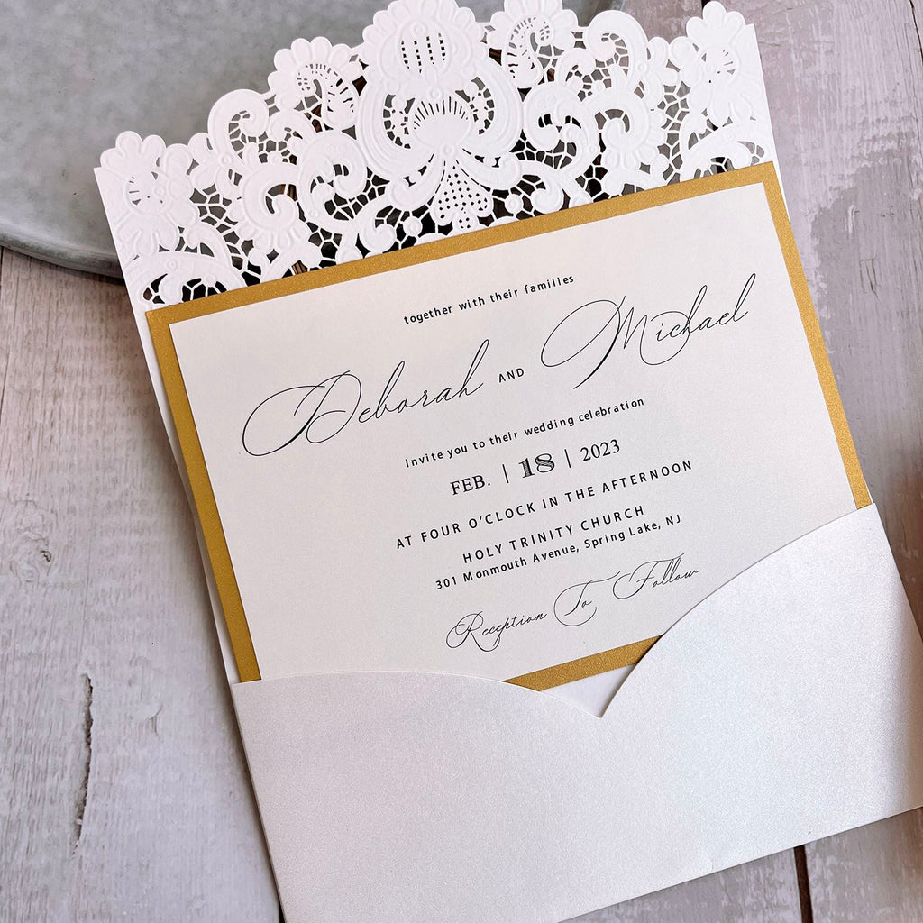 White and Gold Pocket Wedding Invitation Set, Laser Cut Embossed Wedding Invitations, Minimalist Calligraphy Invites Wedding Ceremony Supplies Picky Bride