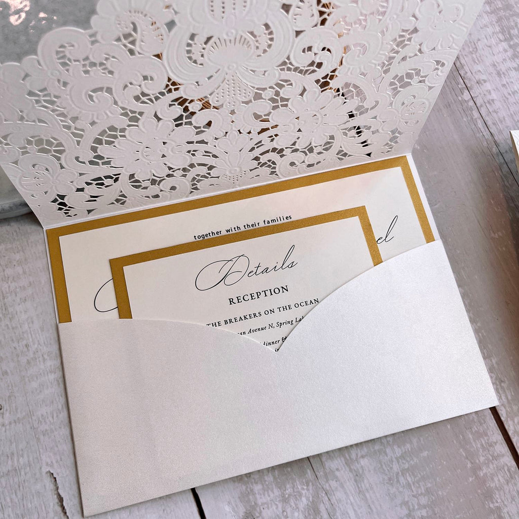 White and Gold Pocket Wedding Invitation Set, Laser Cut Embossed Wedding Invitations, Minimalist Calligraphy Invites Wedding Ceremony Supplies Picky Bride