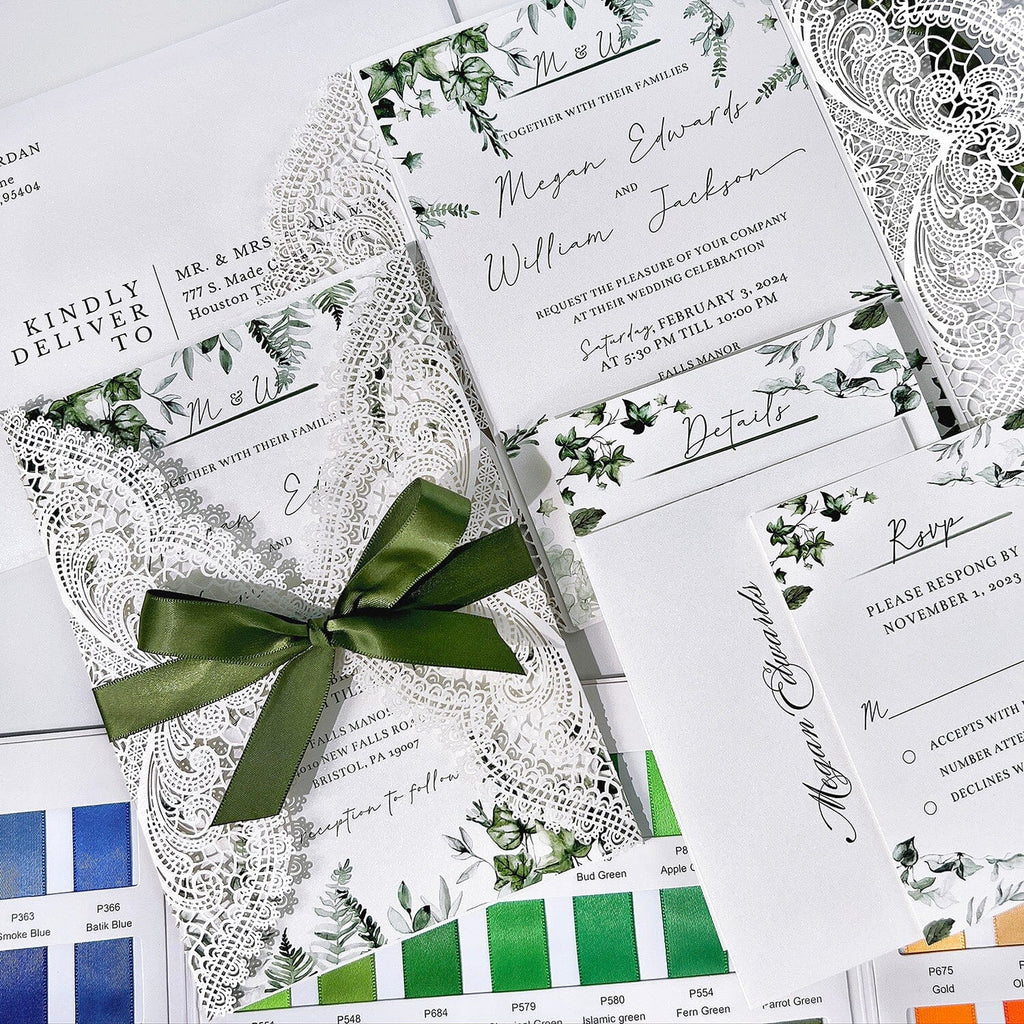 White and Green Wedding Invitations Elegant, Laser Cut Wedding Invites, Green Leaves and Moss Ribbon Invitation for Spring Wedding Wedding Ceremony Supplies Picky Bride
