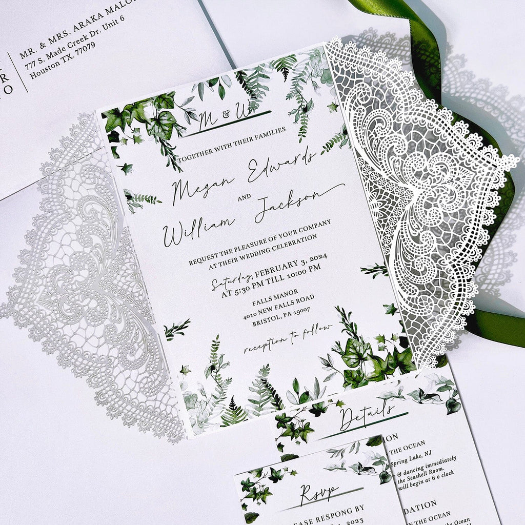 White and Green Wedding Invitations Elegant, Laser Cut Wedding Invites, Green Leaves and Moss Ribbon Invitation for Spring Wedding Wedding Ceremony Supplies Picky Bride