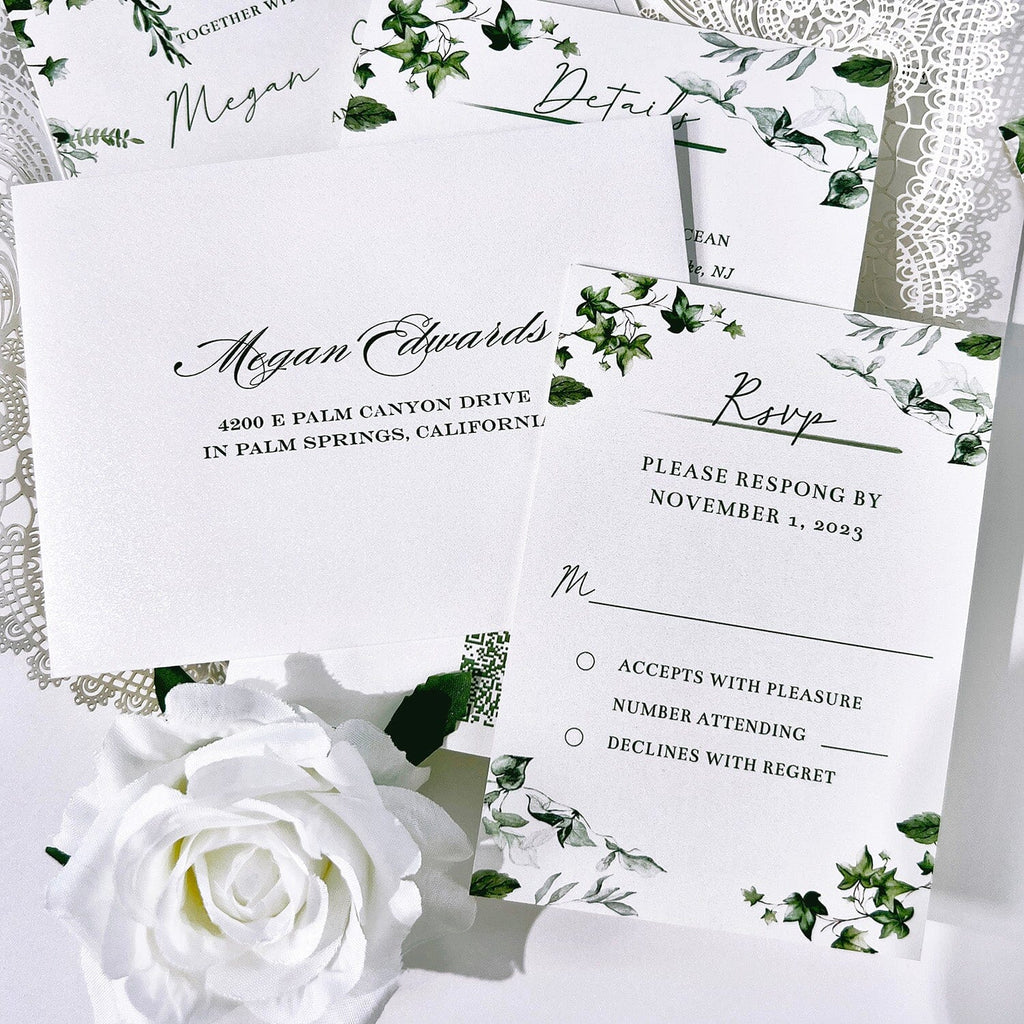 White and Green Wedding Invitations Elegant, Laser Cut Wedding Invites, Green Leaves and Moss Ribbon Invitation for Spring Wedding Wedding Ceremony Supplies Picky Bride