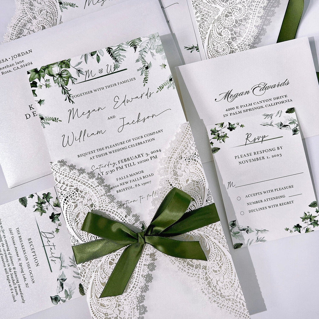 White and Green Wedding Invitations Elegant, Laser Cut Wedding Invites, Green Leaves and Moss Ribbon Invitation for Spring Wedding Wedding Ceremony Supplies Picky Bride