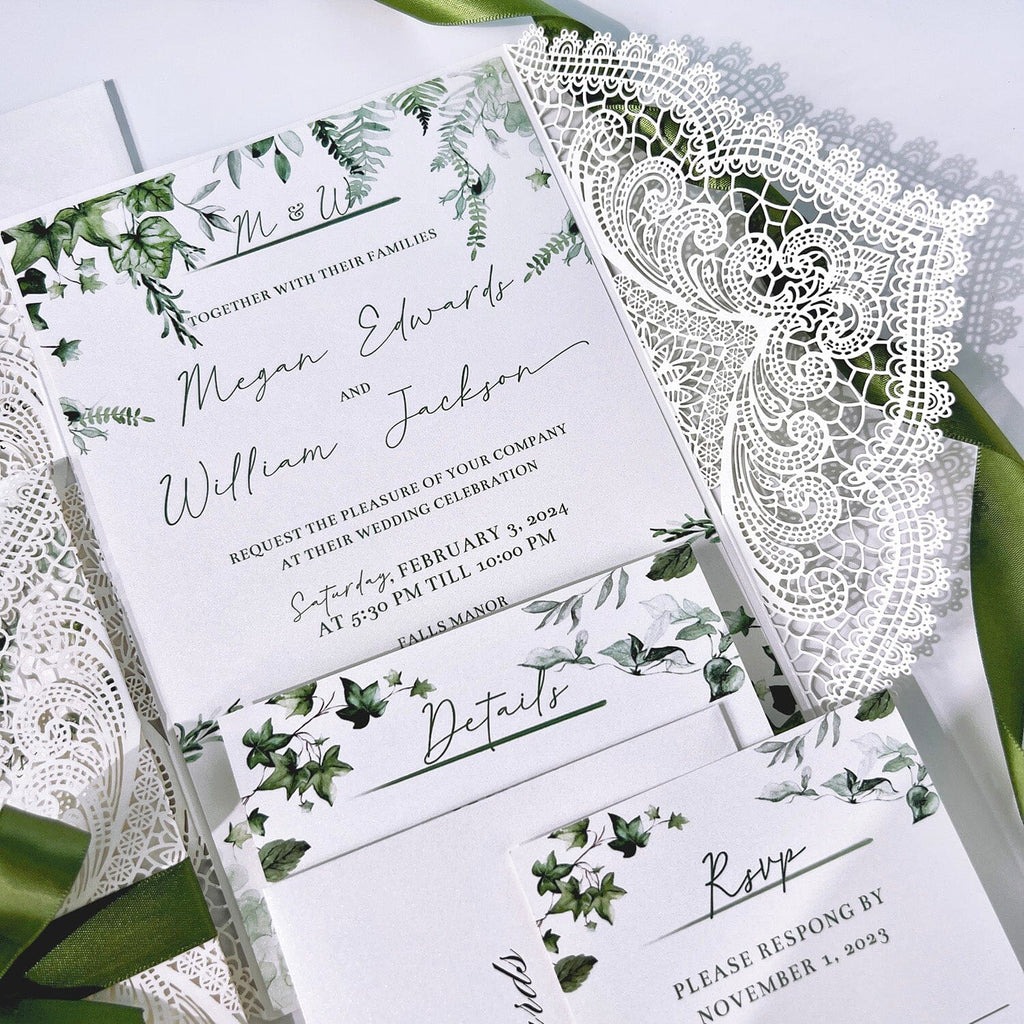 White and Green Wedding Invitations Elegant, Laser Cut Wedding Invites, Green Leaves and Moss Ribbon Invitation for Spring Wedding Wedding Ceremony Supplies Picky Bride