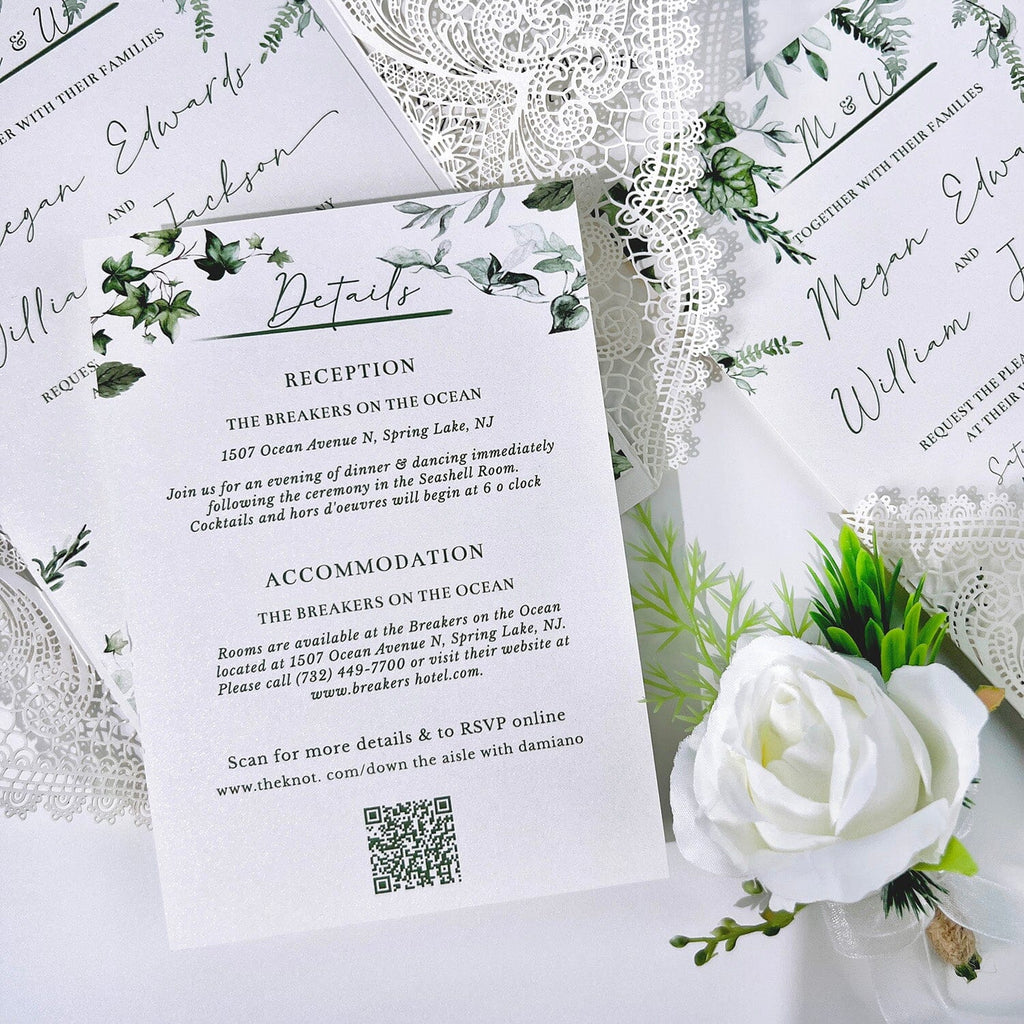 White and Green Wedding Invitations Elegant, Laser Cut Wedding Invites, Green Leaves and Moss Ribbon Invitation for Spring Wedding Wedding Ceremony Supplies Picky Bride