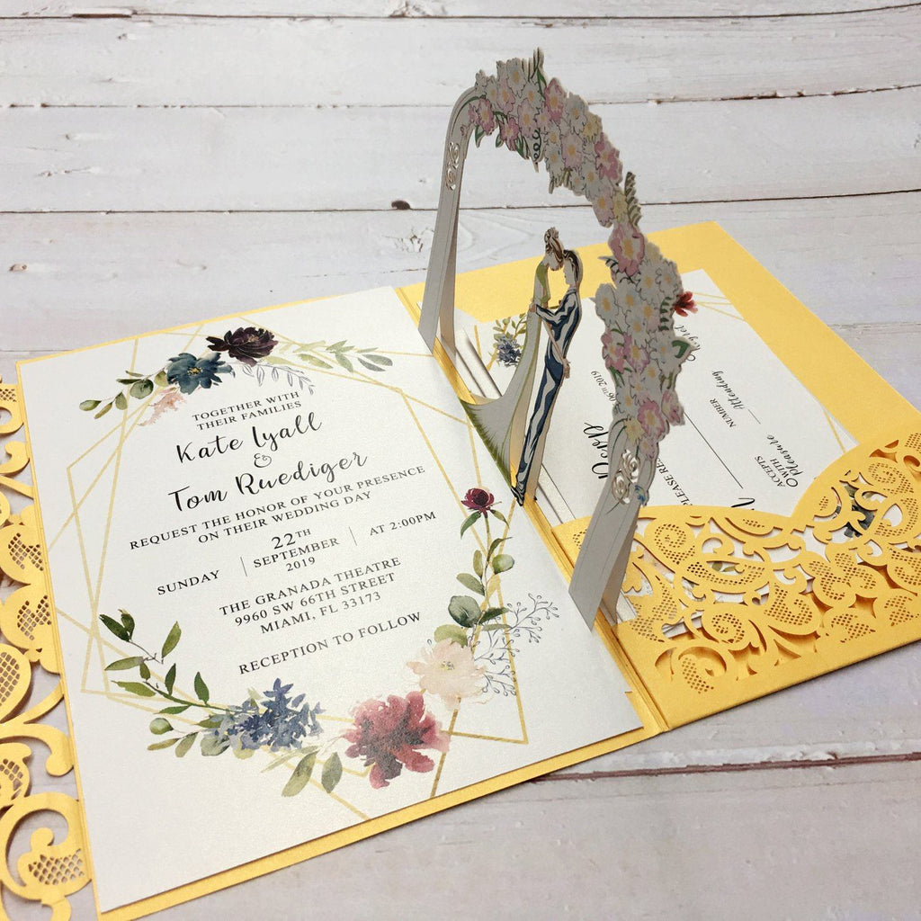 3D Yellow Gold Invitations with RSVP Cards, Couple Wedding Invite Cards Picky Bride