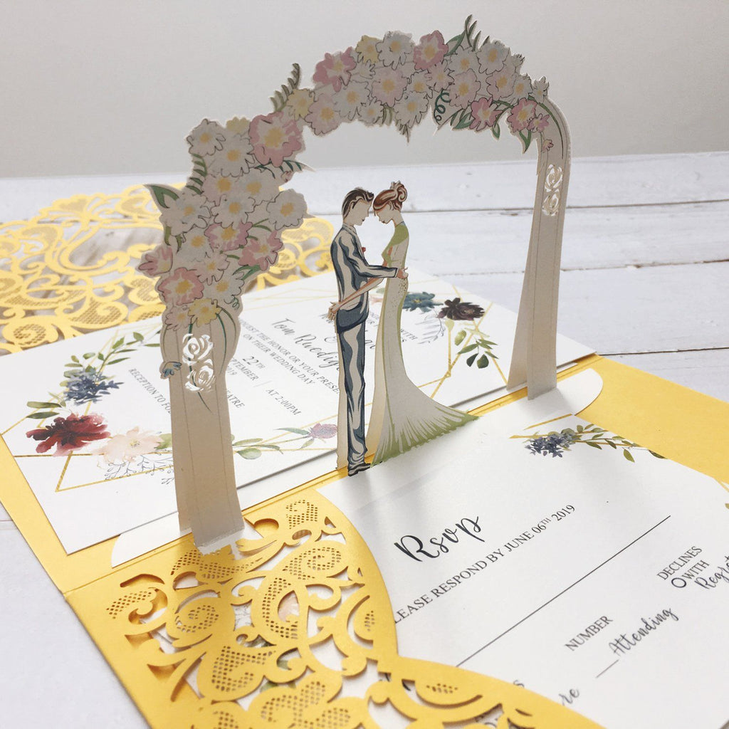 3D Yellow Gold Invitations with RSVP Cards, Couple Wedding Invite Cards Picky Bride