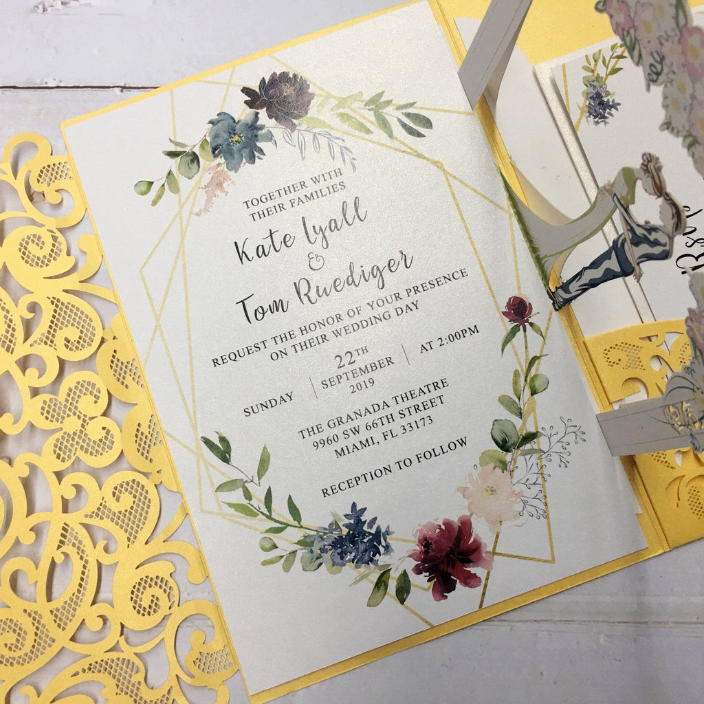 3D Yellow Gold Invitations with RSVP Cards, Couple Wedding Invite Cards Picky Bride