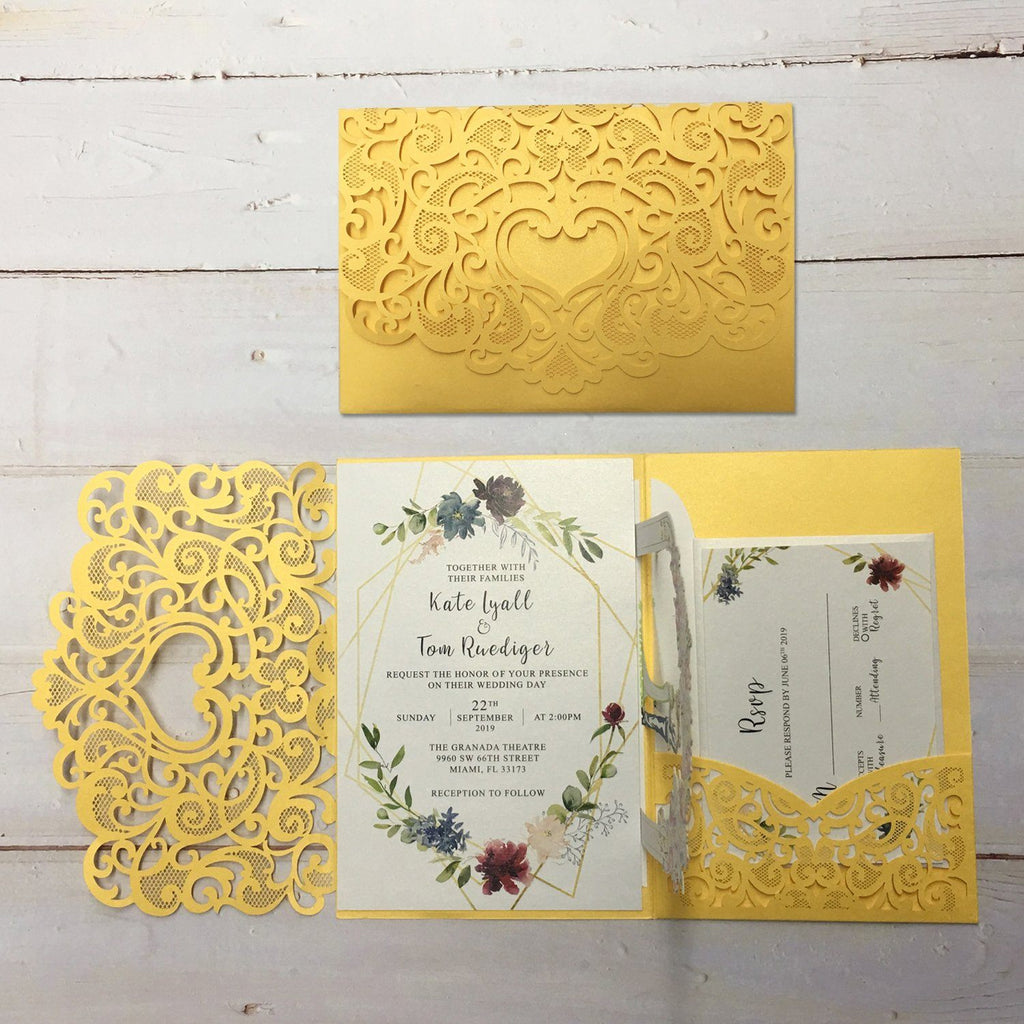 3D Yellow Gold Invitations with RSVP Cards, Couple Wedding Invite Cards Picky Bride