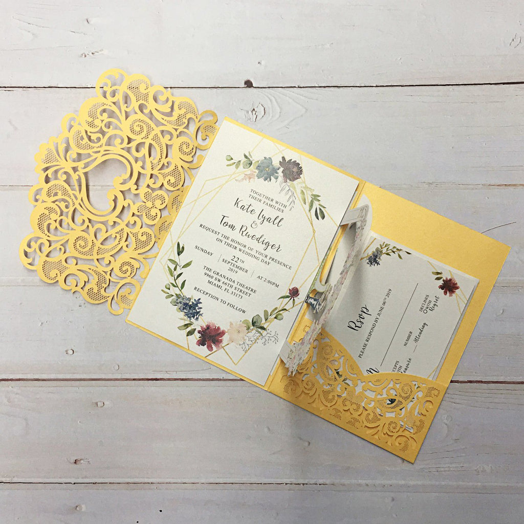 3D Yellow Gold Invitations with RSVP Cards, Couple Wedding Invite Cards Picky Bride 