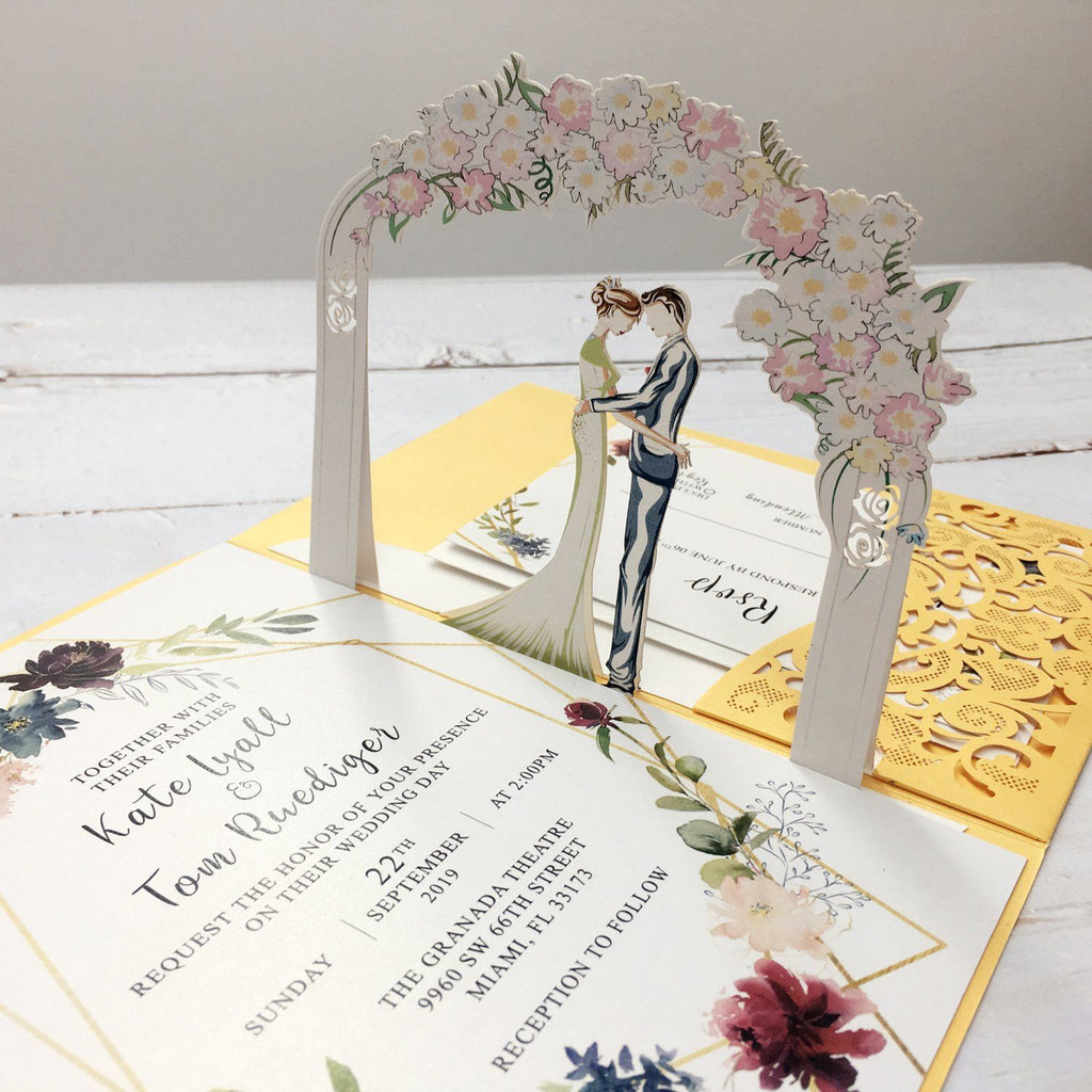 3D Yellow Gold Invitations with RSVP Cards, Couple Wedding Invite Cards Picky Bride