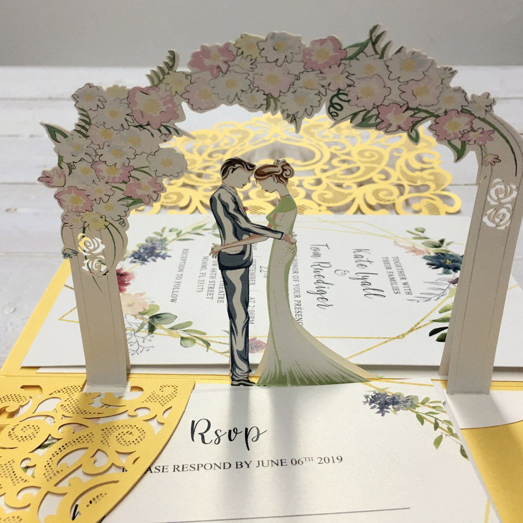 3D Yellow Gold Invitations with RSVP Cards, Couple Wedding Invite Cards Picky Bride
