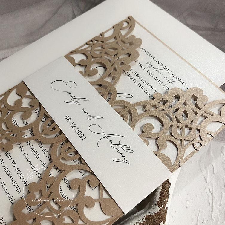 5 x 7 inch Laser Cut Wedding Invitations Champagne Lace Invitation Cards Calligraphy Invites Picky Bride