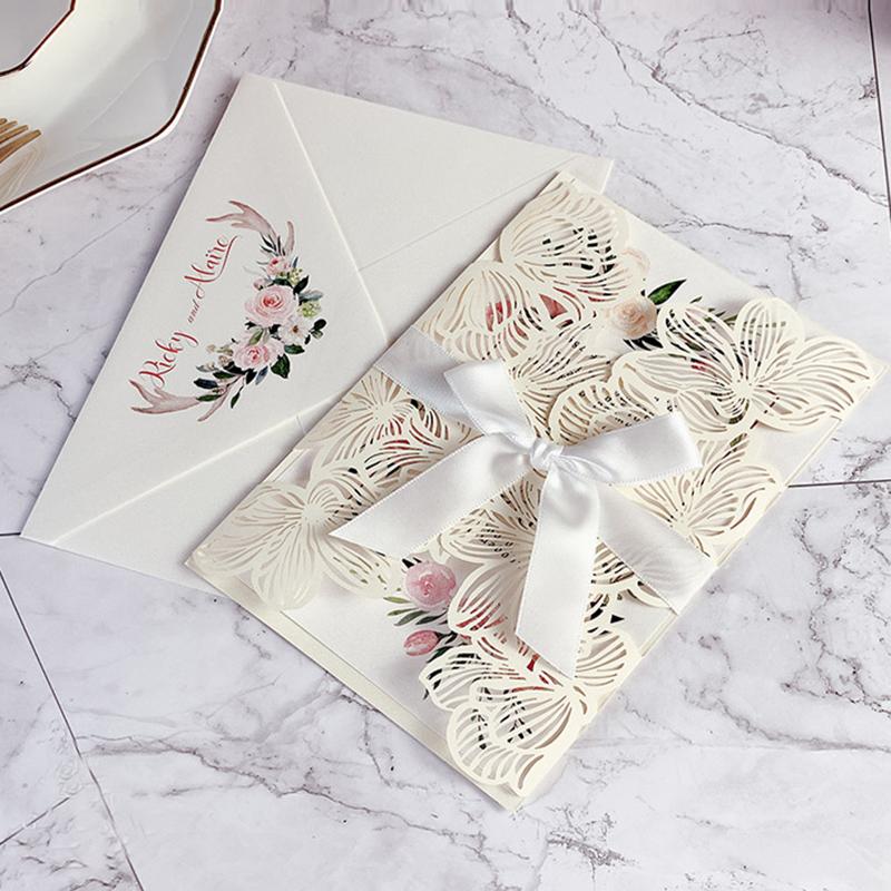 5 x 7 Inch Laser Cut Wedding Invites Floral Wedding Cards with Printed Envelope Picky Bride