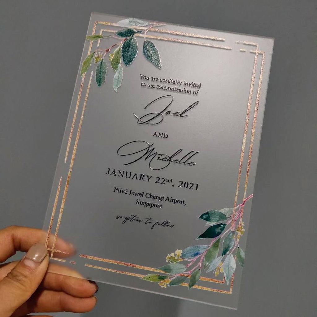 Botanical Frosted Acrylic Wedding Invitations with Envelopes, Customized Invite Wording Picky Bride