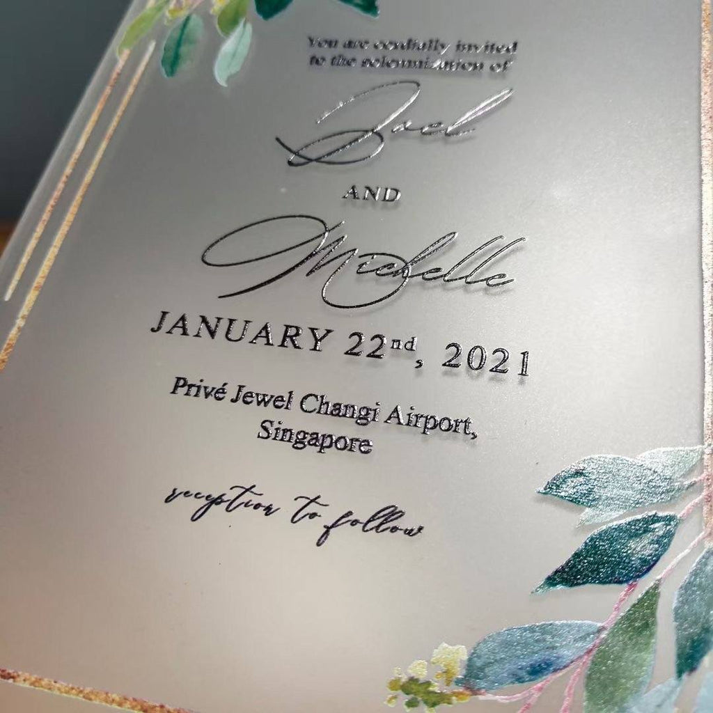 Botanical Frosted Acrylic Wedding Invitations with Envelopes, Customized Invite Wording Picky Bride