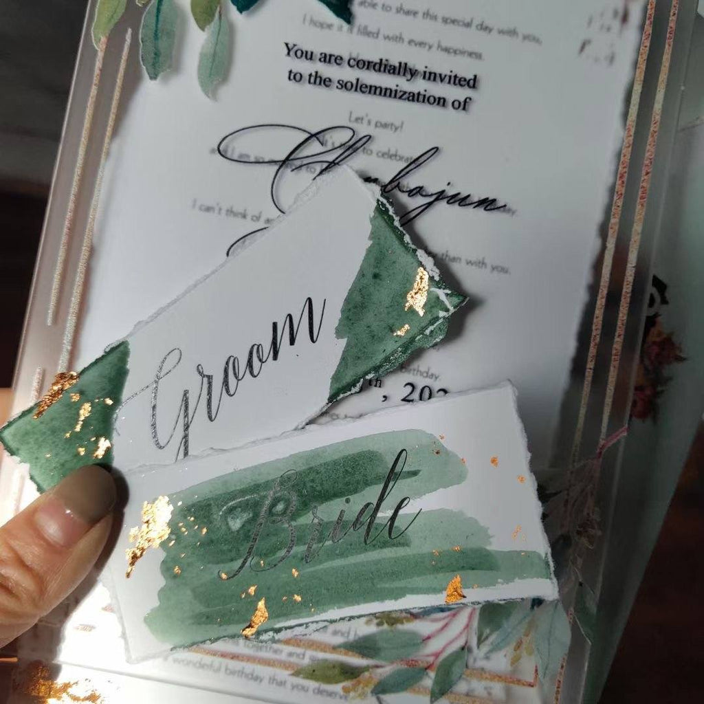 Botanical Frosted Acrylic Wedding Invitations with Envelopes, Customized Invite Wording Picky Bride