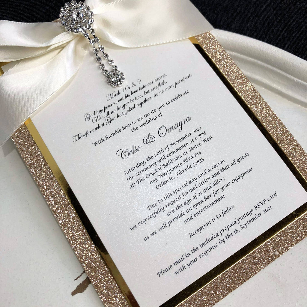 Boxed Wedding Invitations Modern Calligraphy Invitation for Wedding Gold Glitter Invites with Ribbon Picky Bride