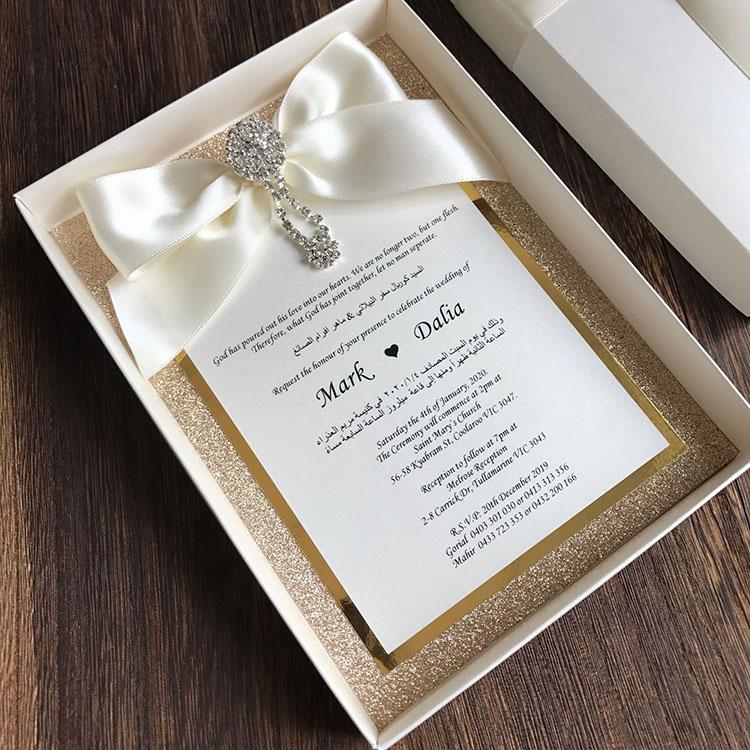 Boxed Wedding Invitations Modern Calligraphy Invitation for Wedding Gold Glitter Invites with Ribbon Picky Bride