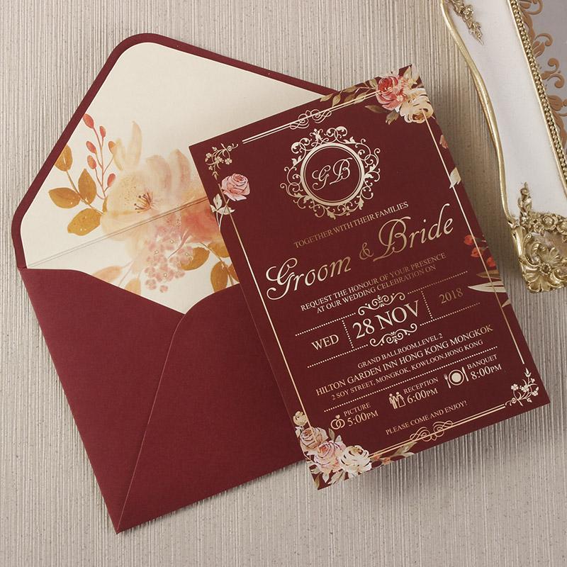 Burgundy and Gold Invitation Cards Floral Wedding Invite with Envelope Personalized Invites Picky Bride