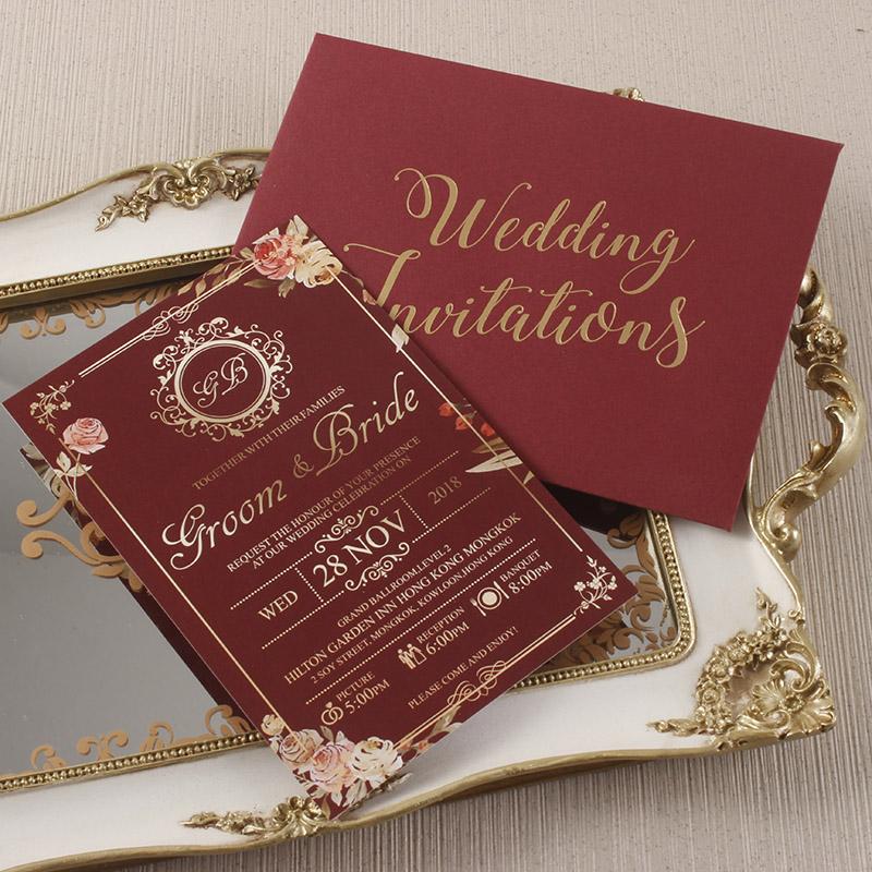 Burgundy and Gold Invitation Cards Floral Wedding Invite with Envelope Personalized Invites Picky Bride