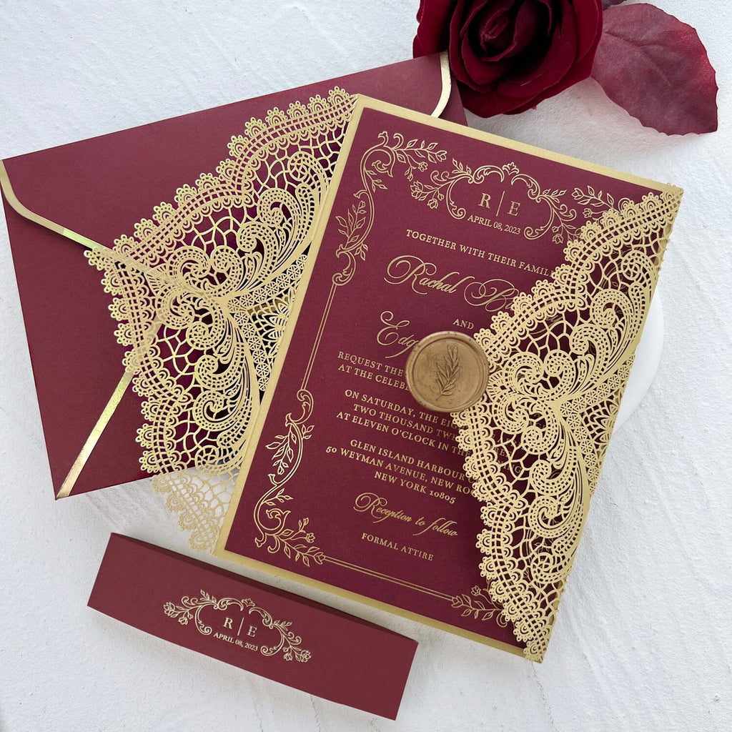 Burgundy and Gold Lace Wedding Invitations, Gold Foil Burgundy Wedding Invite and Wax Seals Picky Bride