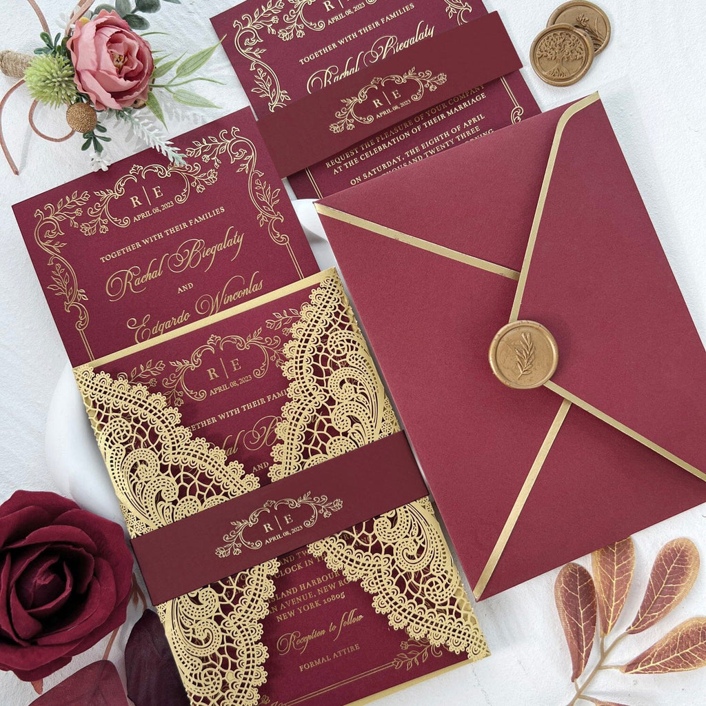 Burgundy and Gold Lace Wedding Invitations, Gold Foil Burgundy Wedding Invite and Wax Seals Picky Bride