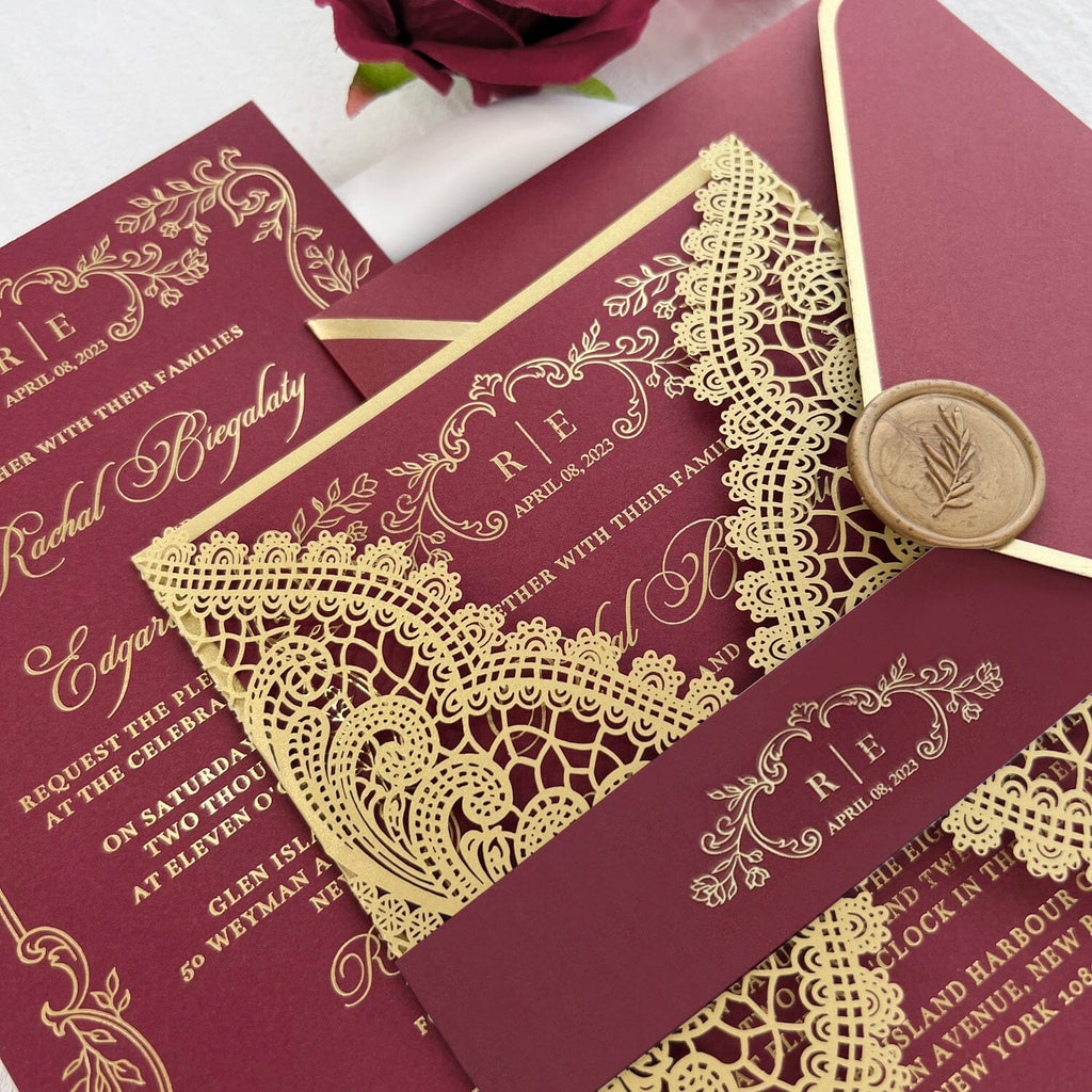 Burgundy and Gold Lace Wedding Invitations, Gold Foil Burgundy Wedding Invite and Wax Seals Picky Bride 