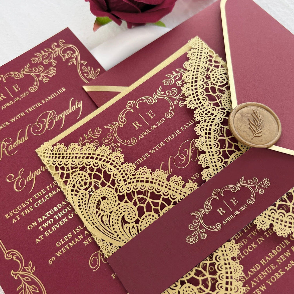 Burgundy and Gold Lace Wedding Invitations, Gold Foil Burgundy Wedding Invite and Wax Seals Picky Bride
