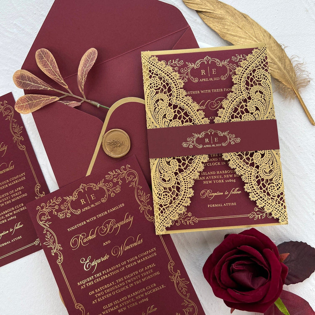 Burgundy and Gold Lace Wedding Invitations, Gold Foil Burgundy Wedding Invite and Wax Seals Picky Bride