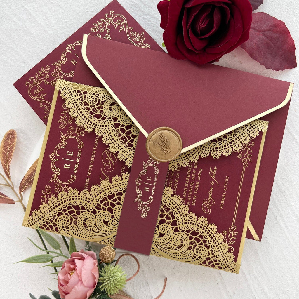 Burgundy and Gold Lace Wedding Invitations, Gold Foil Burgundy Wedding Invite and Wax Seals Picky Bride