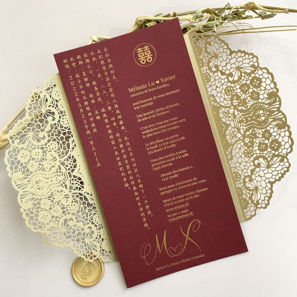 Burgundy and Gold Wedding Invitations with Gold Foil Printing, Laser Cut Floral Invites, Customized Wedding Wording, Wax Seals Picky Bride