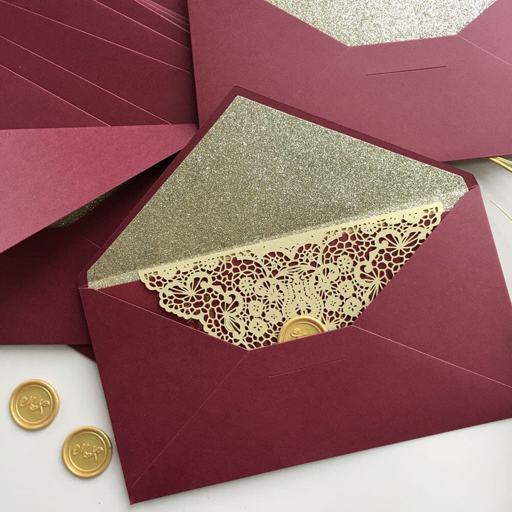 Burgundy and Gold Wedding Invitations with Gold Foil Printing, Laser Cut Floral Invites, Customized Wedding Wording, Wax Seals Picky Bride