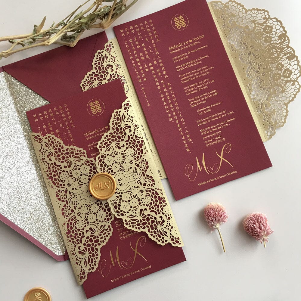 Burgundy and Gold Wedding Invitations with Gold Foil Printing, Laser Cut Floral Invites, Customized Wedding Wording, Wax Seals Picky Bride