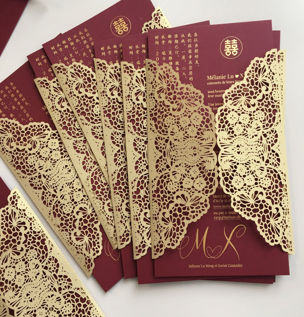 Burgundy and Gold Wedding Invitations with Gold Foil Printing, Laser Cut Floral Invites, Customized Wedding Wording, Wax Seals Picky Bride 