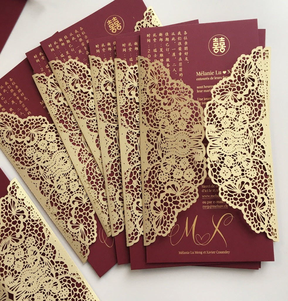 Burgundy and Gold Wedding Invitations with Gold Foil Printing, Laser Cut Floral Invites, Customized Wedding Wording, Wax Seals Picky Bride