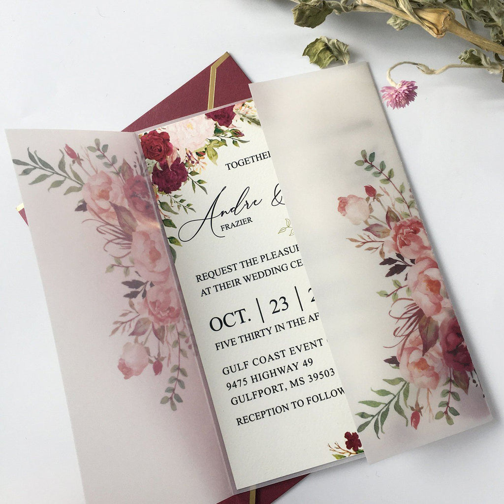 Burgundy Floral Wedding Invited Vellum Paper Wrap with Handmade Paper Invitations Picky Bride