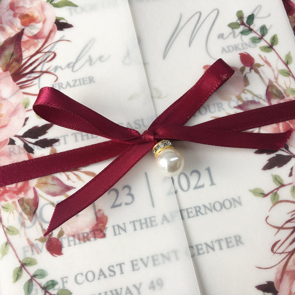 Burgundy Floral Wedding Invited Vellum Paper Wrap with Handmade Paper Invitations Picky Bride