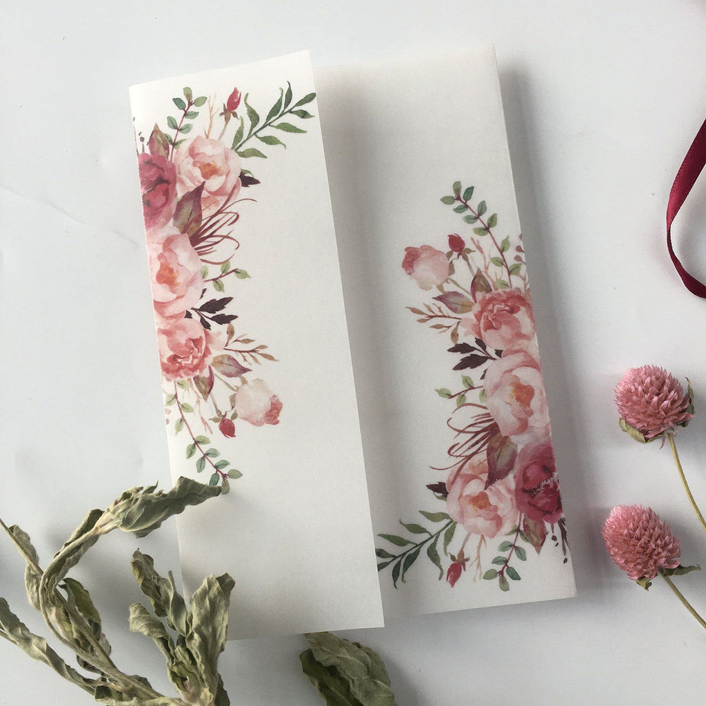 Burgundy Floral Wedding Invited Vellum Paper Wrap with Handmade Paper Invitations Picky Bride