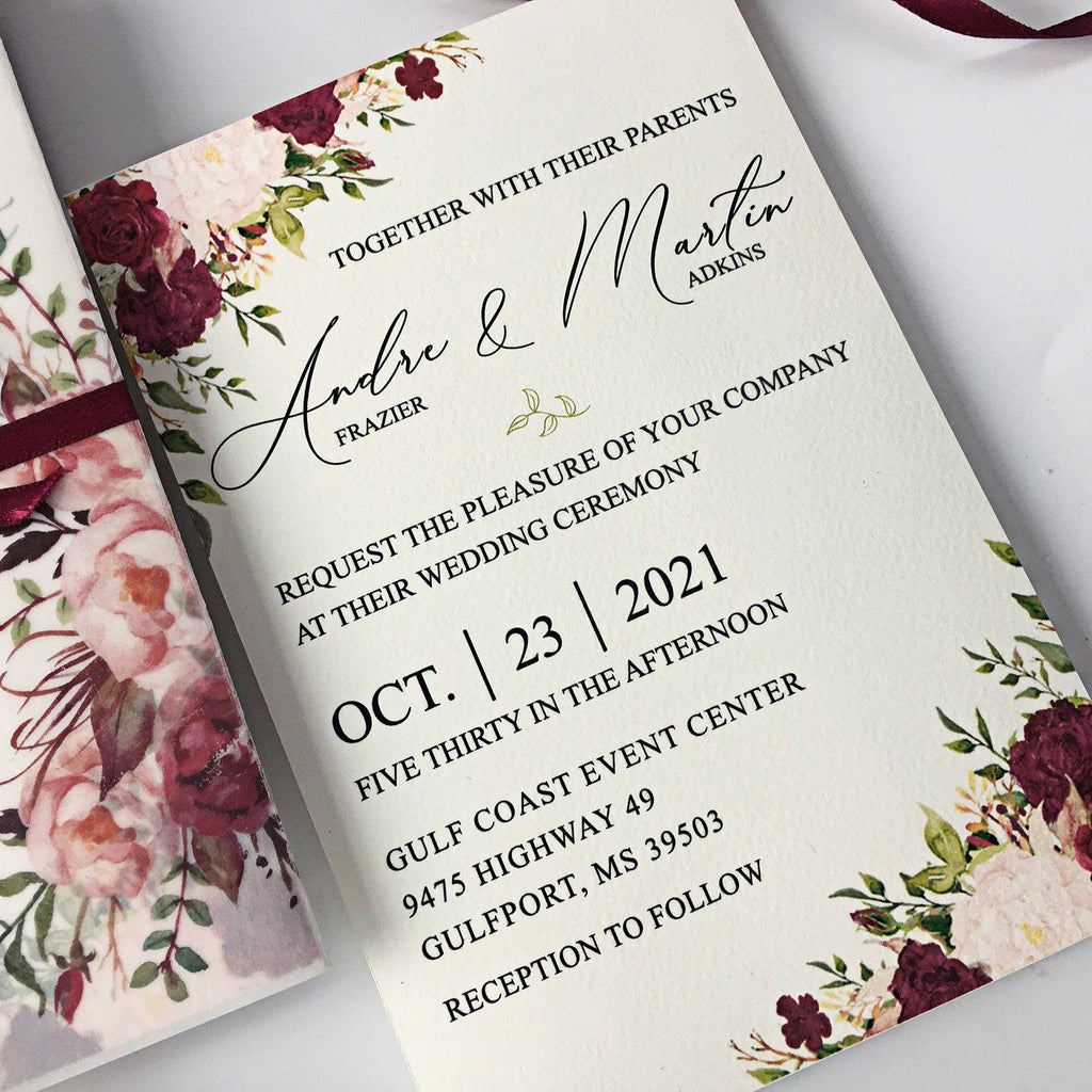 Burgundy Floral Wedding Invited Vellum Paper Wrap with Handmade Paper Invitations Picky Bride