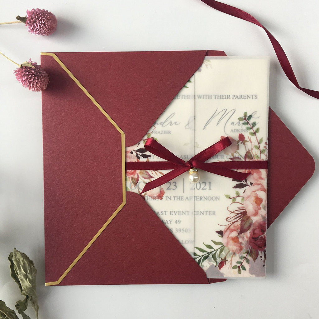 Burgundy Floral Wedding Invited Vellum Paper Wrap with Handmade Paper Invitations Picky Bride