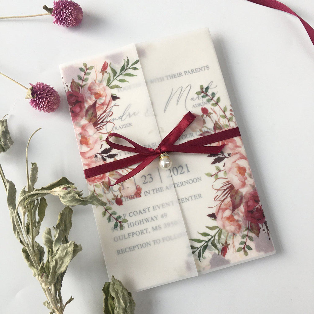 Burgundy Floral Wedding Invited Vellum Paper Wrap with Handmade Paper Invitations Picky Bride