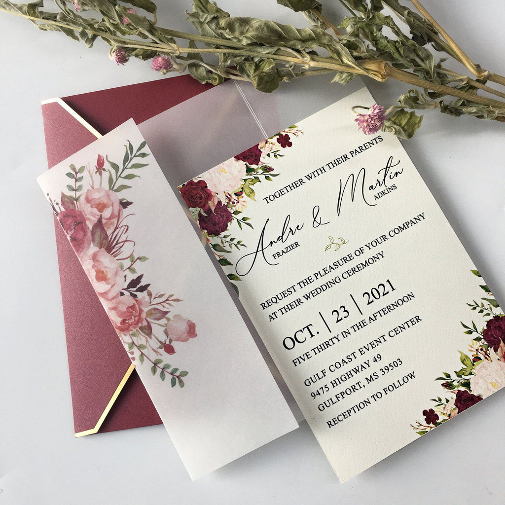 Burgundy Floral Wedding Invited Vellum Paper Wrap with Handmade Paper Invitations Picky Bride