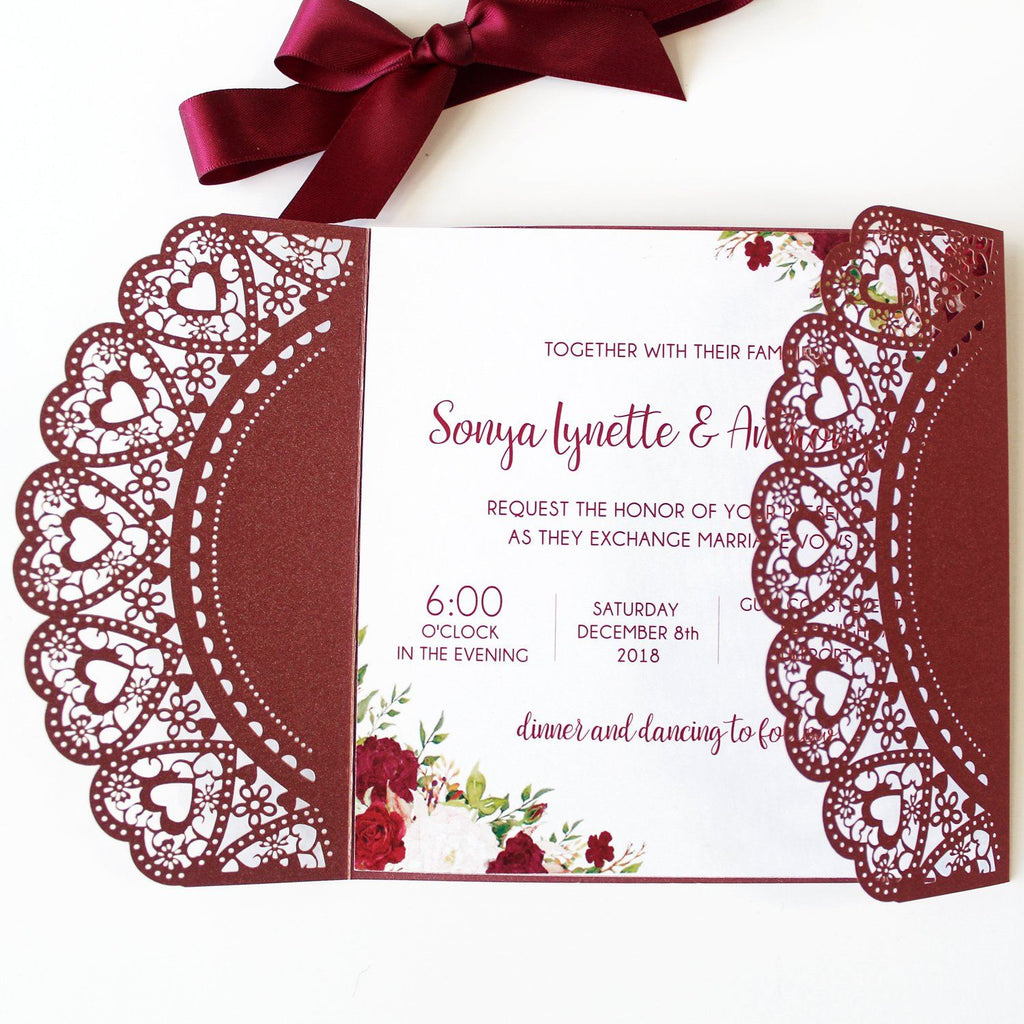 Burgundy Laser Cut Wedding Invitation With Red Ribbon Picky Bride
