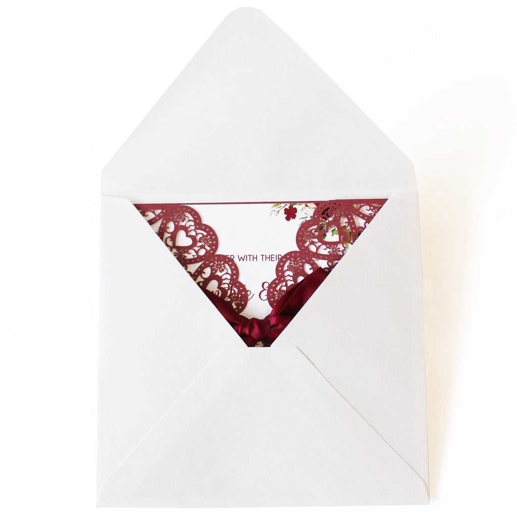 Burgundy Laser Cut Wedding Invitation With Red Ribbon Picky Bride