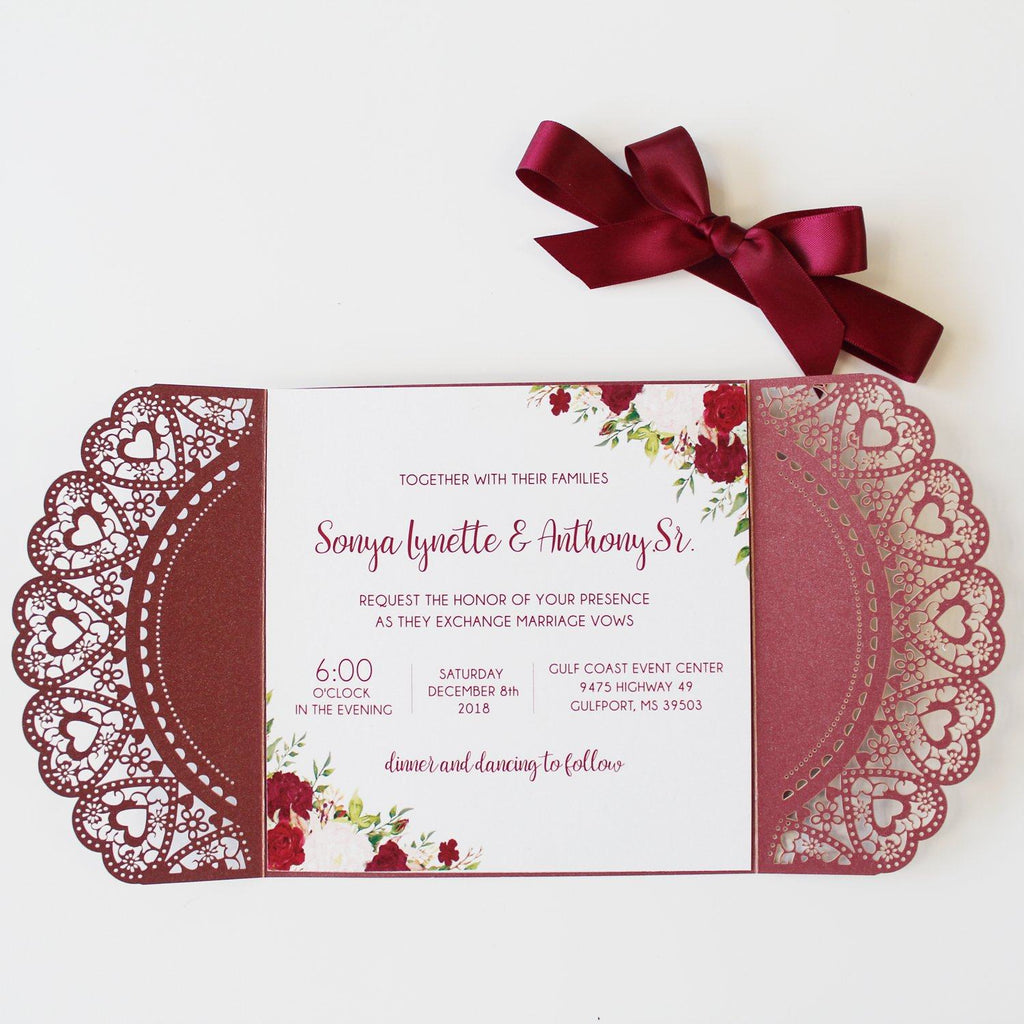 Burgundy Laser Cut Wedding Invitation With Red Ribbon Picky Bride