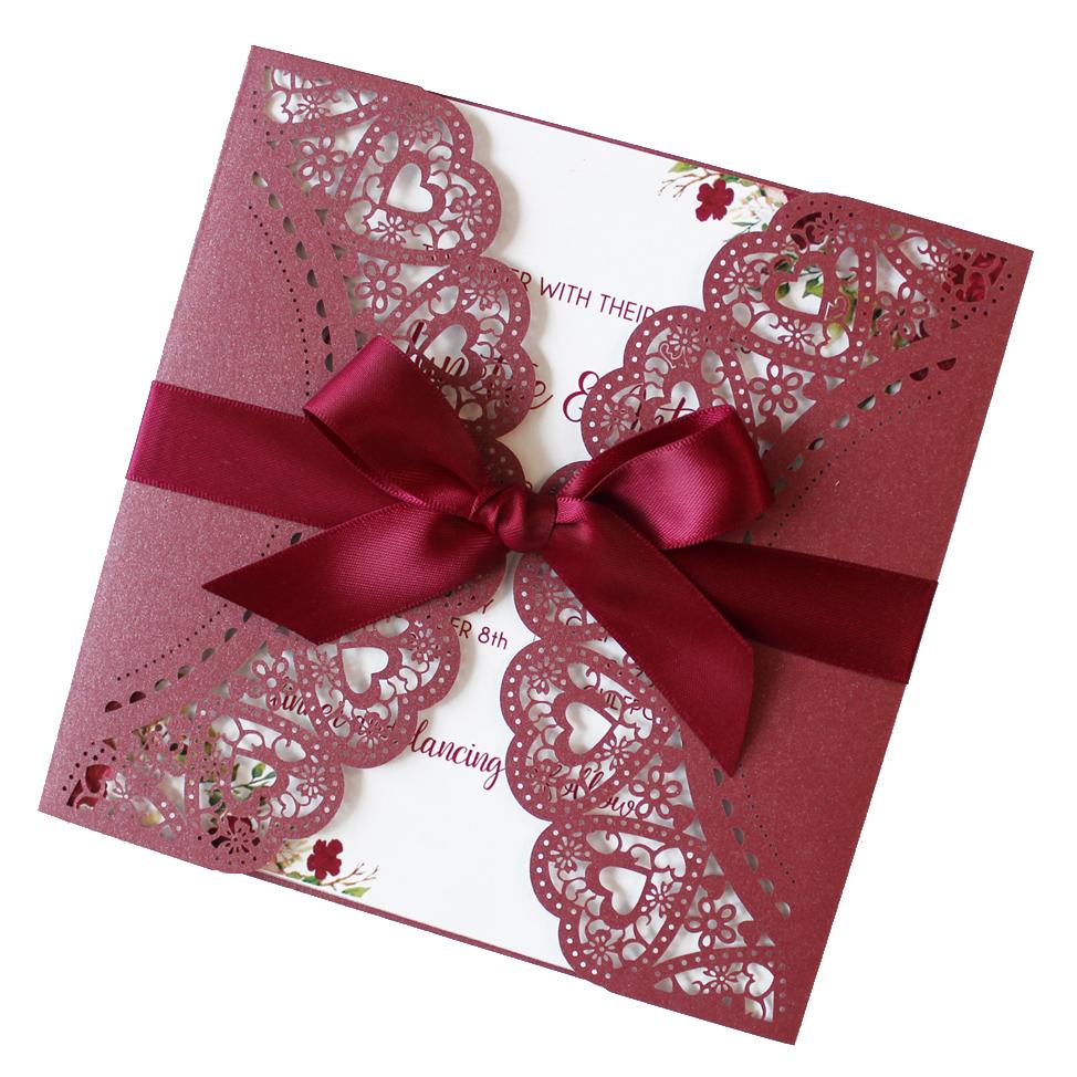 Burgundy Laser Cut Wedding Invitation With Red Ribbon Picky Bride